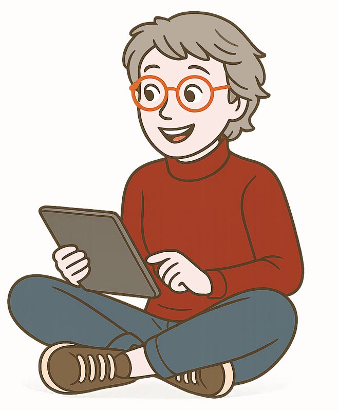 Comicfigur mit Tablet im Schneidersitz die einen Laptop auf dem Schoss hat.