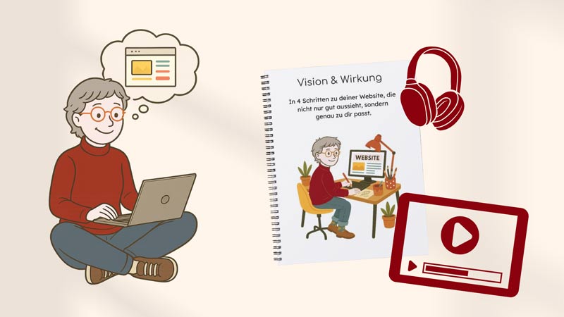 Kursbild Website-Vision mit Comic-Männchen, dass an die Traumwebsite denkt und Workbook, Audio und Video daneben.